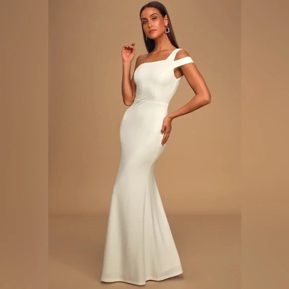 Lulus White One-Shoulder Mermaid Maxi Dress Wedding Formal Gown Prom Homecoming - Picture 3 of 9